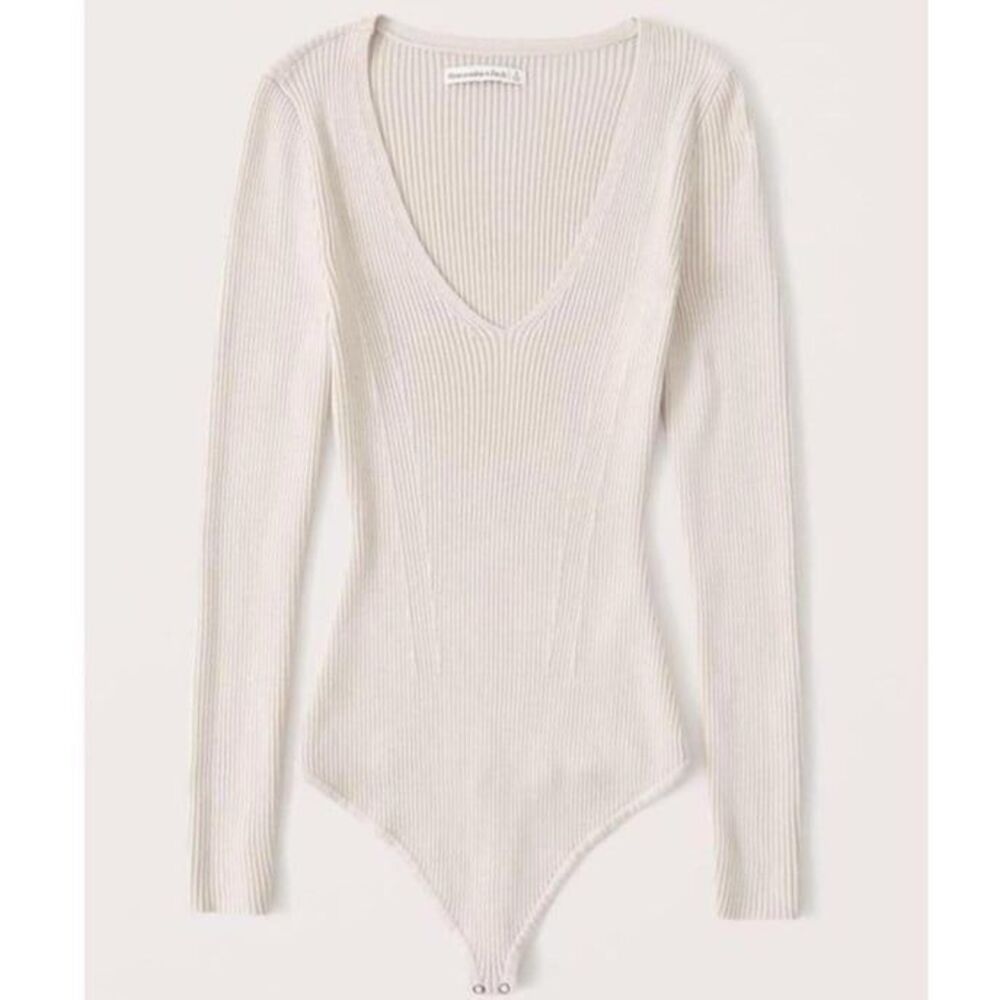 Abercrombie Elevated Ribbed Knit V-Neck Bodysuit Beige Cream Size Small